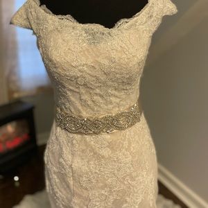 Oleg Cassini Lace Off the Shoulder Trumpet Wedding Dress Ivory and Champagne